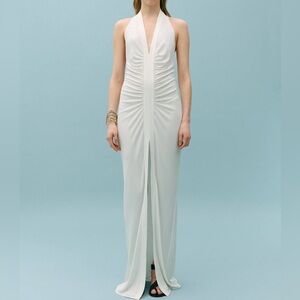 Mango MNG - white ruched v neck split front halter open back maxi dress